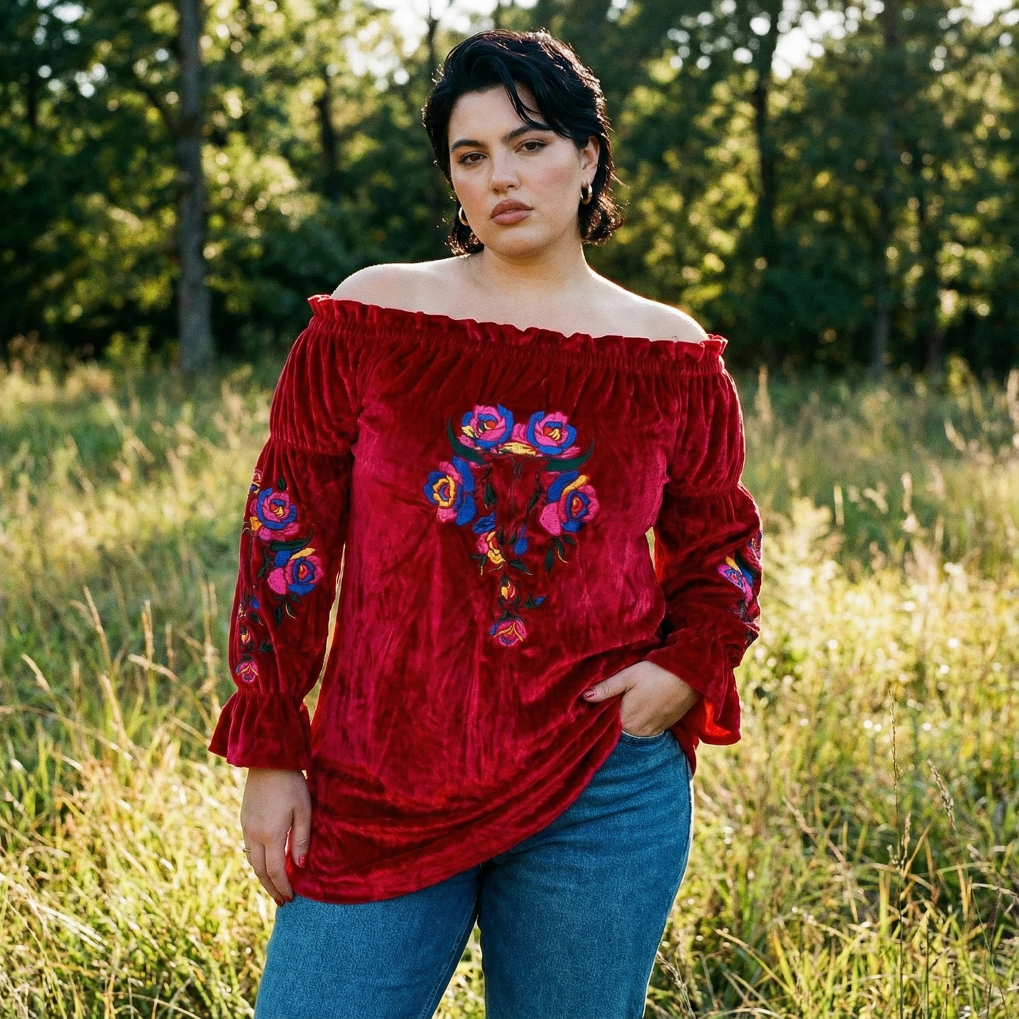 Rio Grande Embroidered Velvet Tunic Dress in Red [Size SM & 2X Remaining]