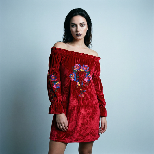 Rio Grande Embroidered Velvet Tunic Dress in Red [Size SM & 2X Remaining]