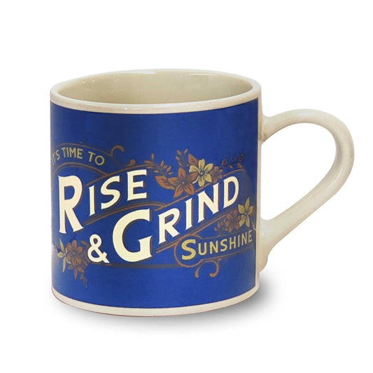 Rise & Grind Porcelain Mug Vintage Style | Wrap-around Design Ceramic Coffee Tea Cup | 12oz