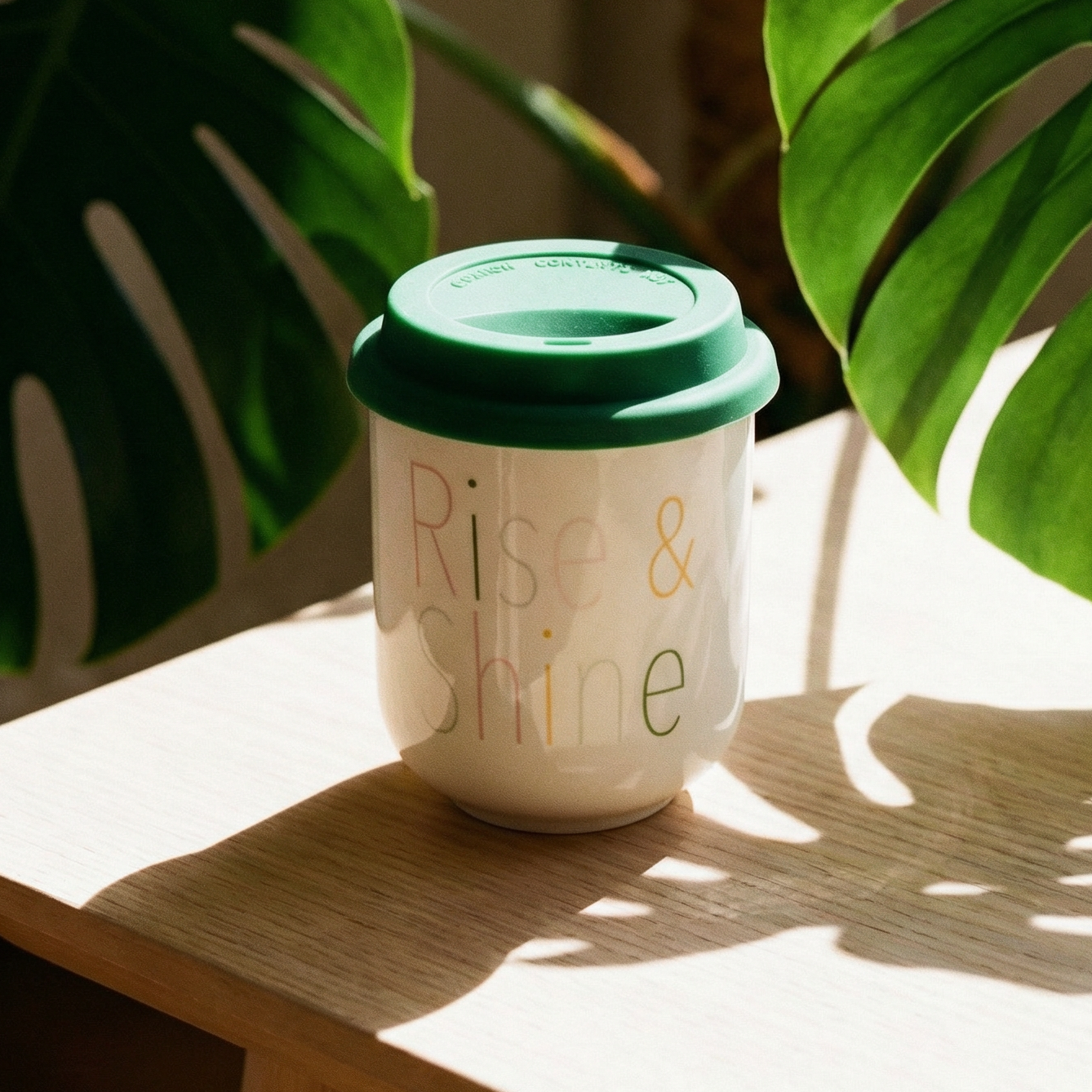 Rise & Shine Ceramic To Go Mug | Holds 16 oz. | Eco Mug with Silicone Lid and Sleeve