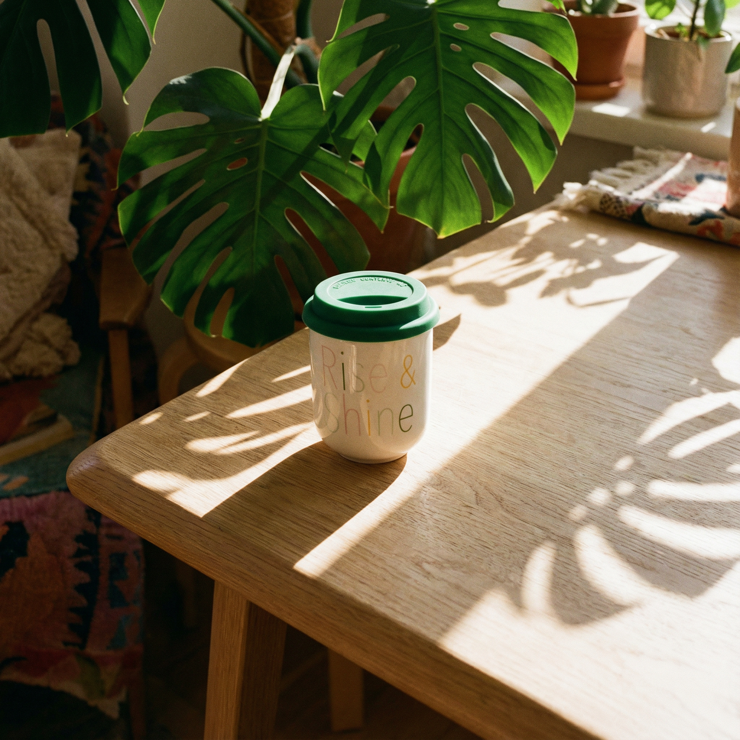 Rise & Shine Ceramic To Go Mug | Holds 16 oz. | Eco Mug with Silicone Lid and Sleeve