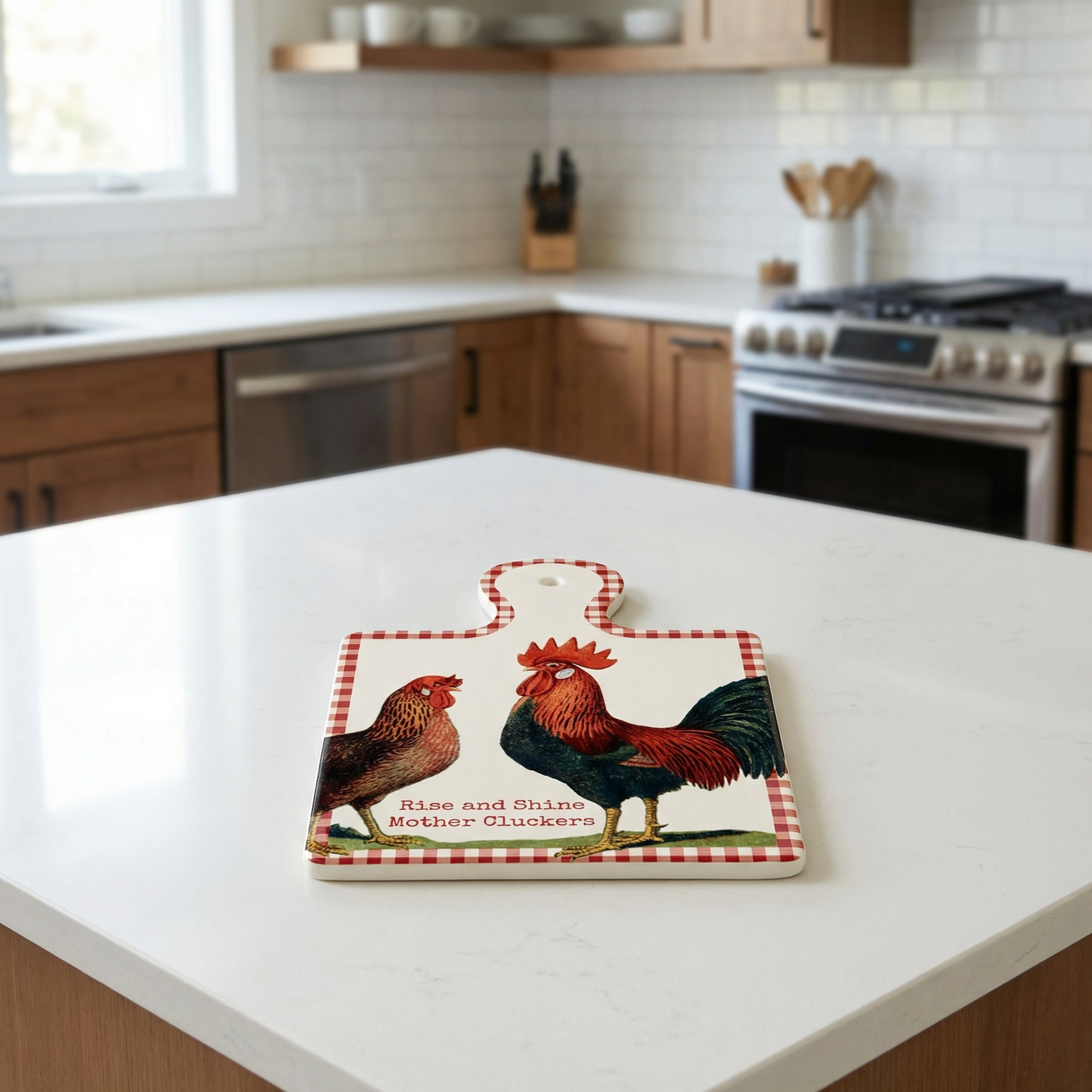 Rise & Shine Mother Cluckers Chicken & Rooster Stone Trivet with Cork Base | Farmhouse Kitchen Decor
