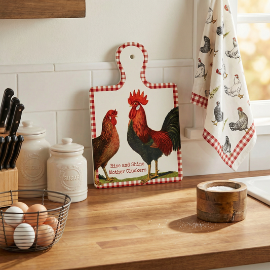 Rise & Shine Mother Cluckers Chicken & Rooster Stone Trivet with Cork Base | Farmhouse Kitchen Decor