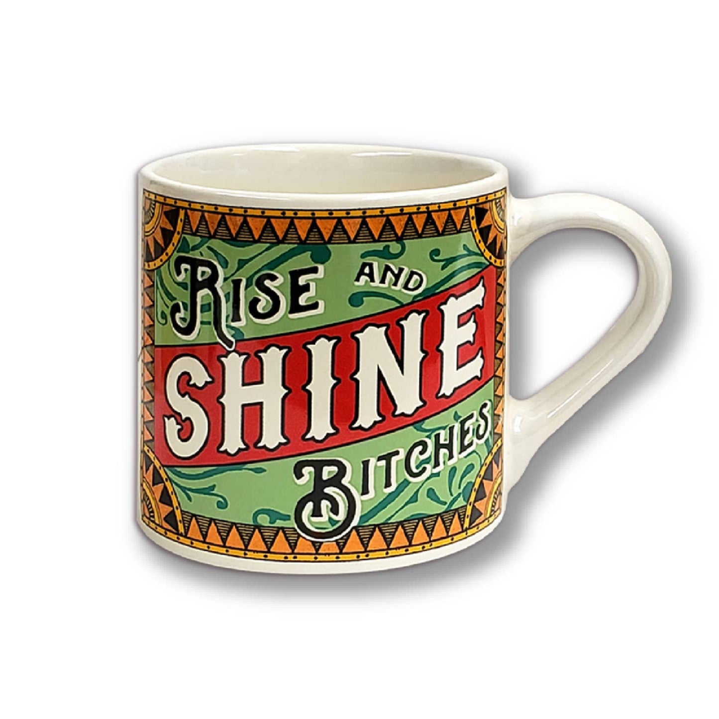 Rise & Shine Porcelain Mug Vintage Style | Wrap-around Design Ceramic Coffee Tea Cup | 12oz