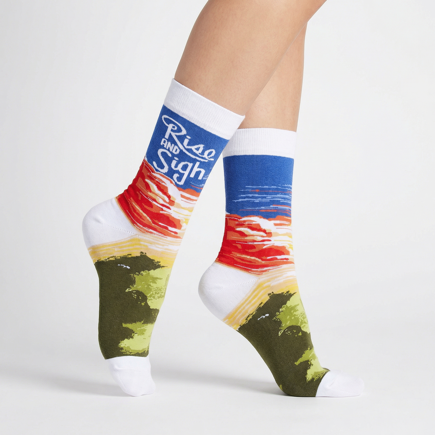 Rise & Sigh Socks | Funny Sarcastic Sunrise Novelty Crew Socks