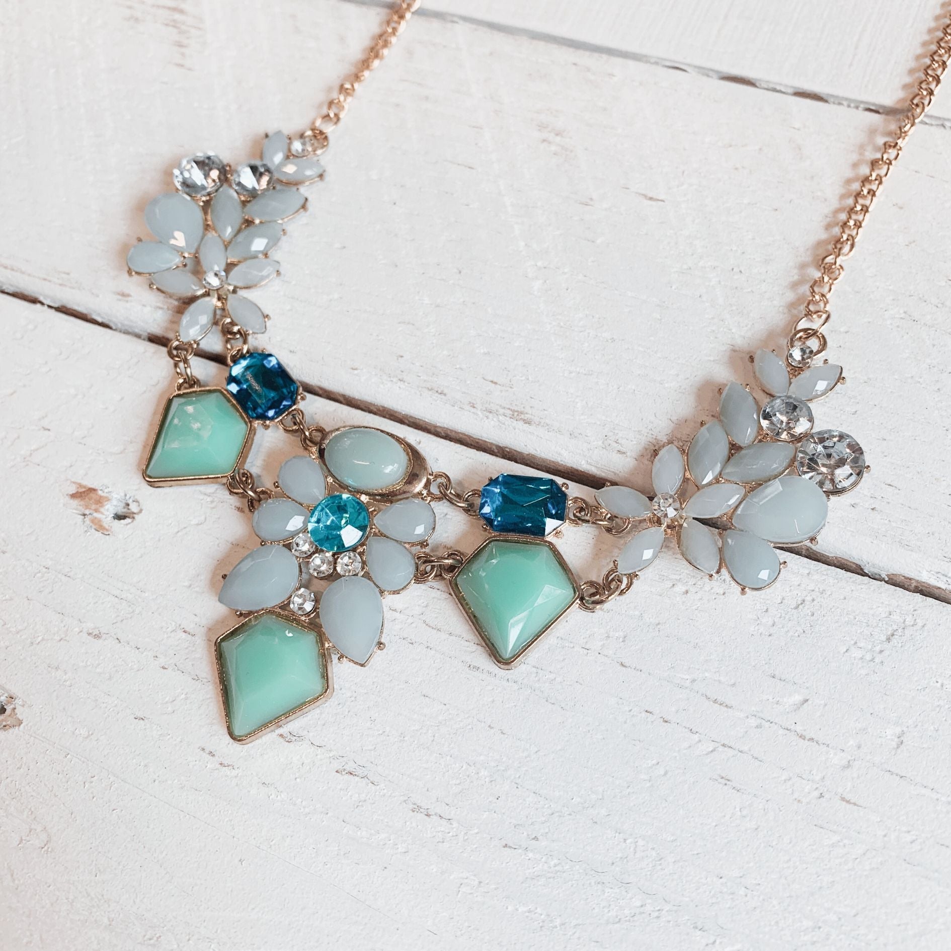 Robin Blue Statement Necklace in Teal, Aqua and Light Blue