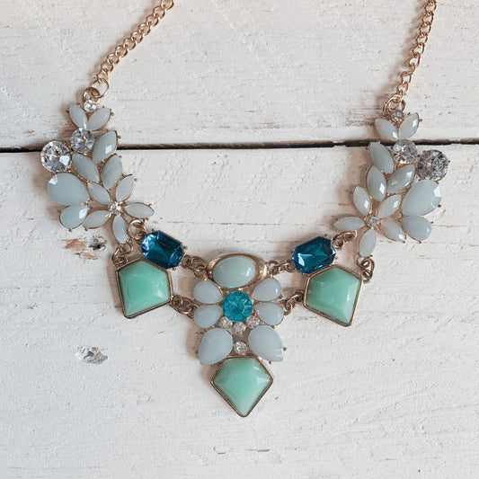 Robin Blue Statement Necklace in Teal, Aqua and Light Blue