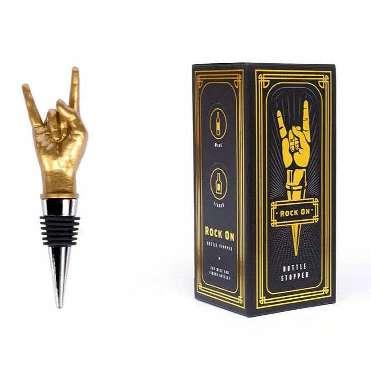 Rock On Wine Bottle Stopper in Gold | Rock N Roll Hand Sign