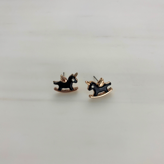 Rocking Unicorn Stud Earrings | Black & Gold | 0.6"