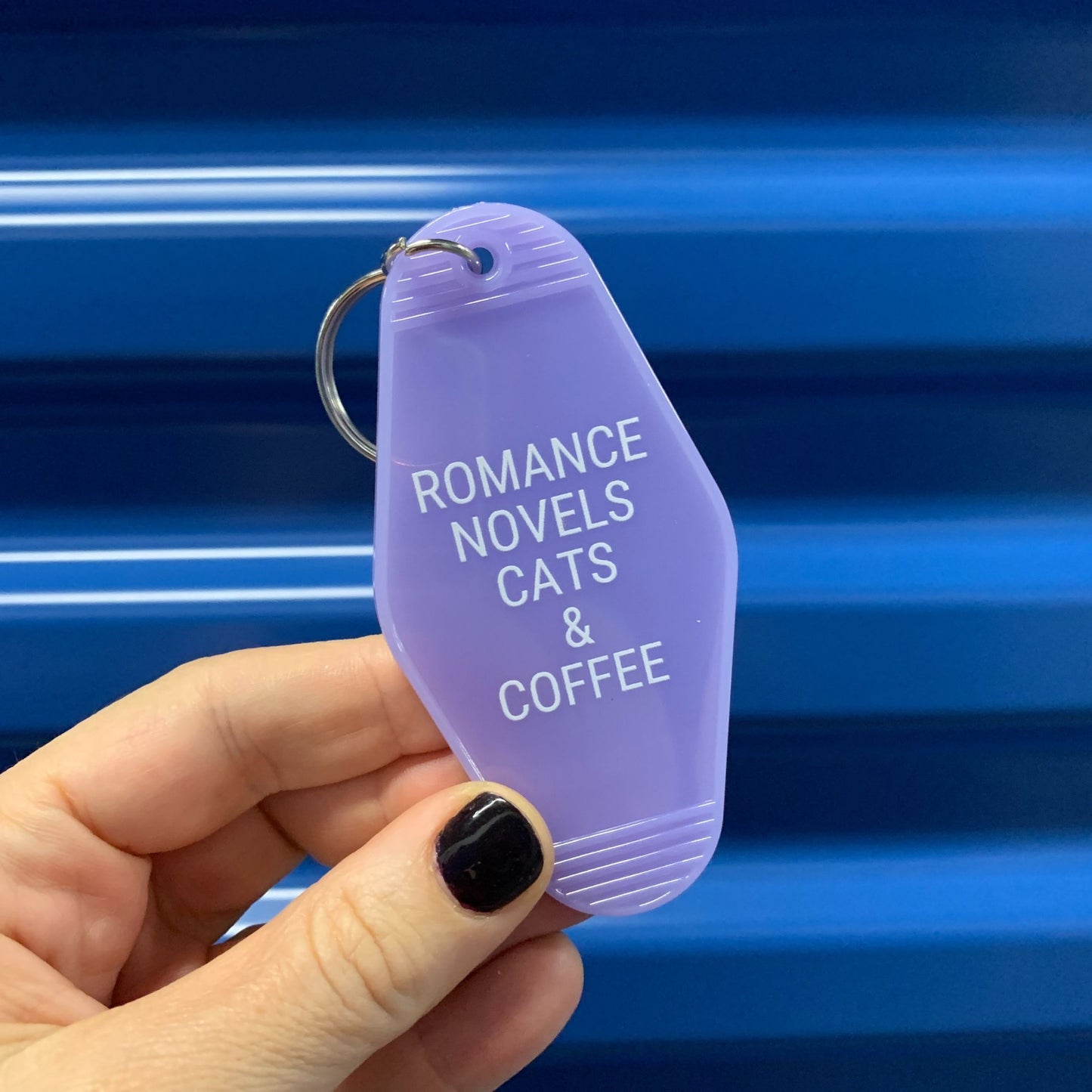 Romance Novels Cats & Coffee Motel Style Keychain in Purple