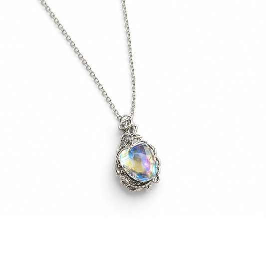 Romantasy Princess Opalescent Drop Necklace in Silver | Fantasy Gem Pendant | 18" + 2" Extender