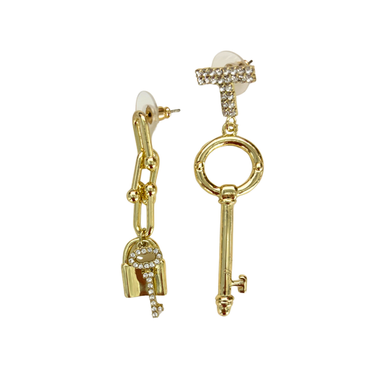 Romantic Key Asymmetrical Earrings in Gold | Mismatched Key & Lock Drop Earrings | 2–2.5" Post
