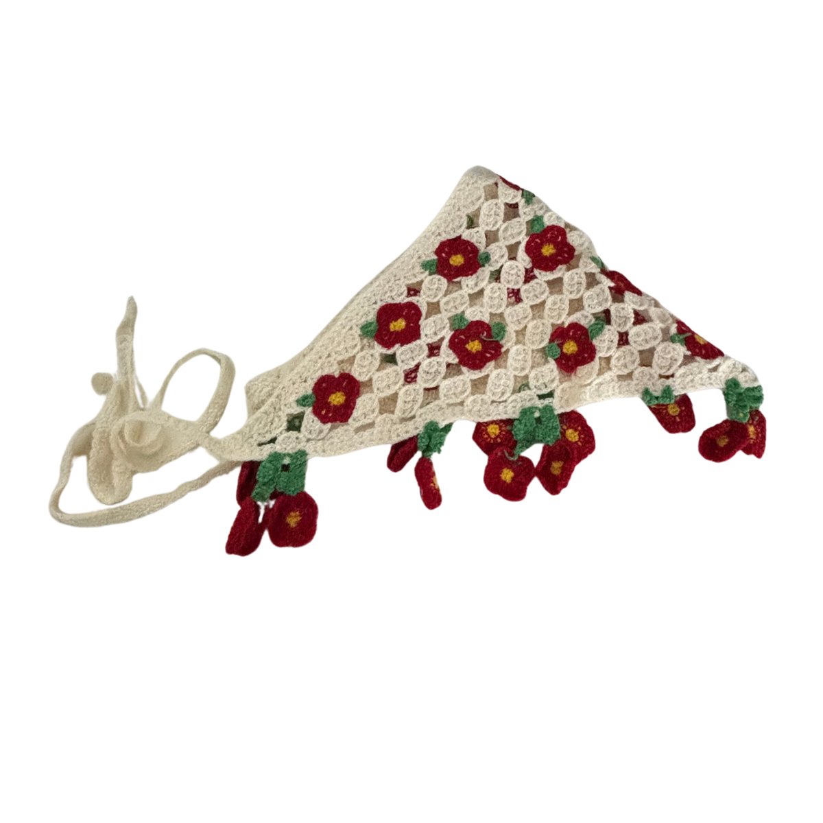 Romantic Knitted 3D Flower Kerchief in Cream and Red | Handmade Knit Headscarf with Ties-Paper & Quartz-The Bullish Store