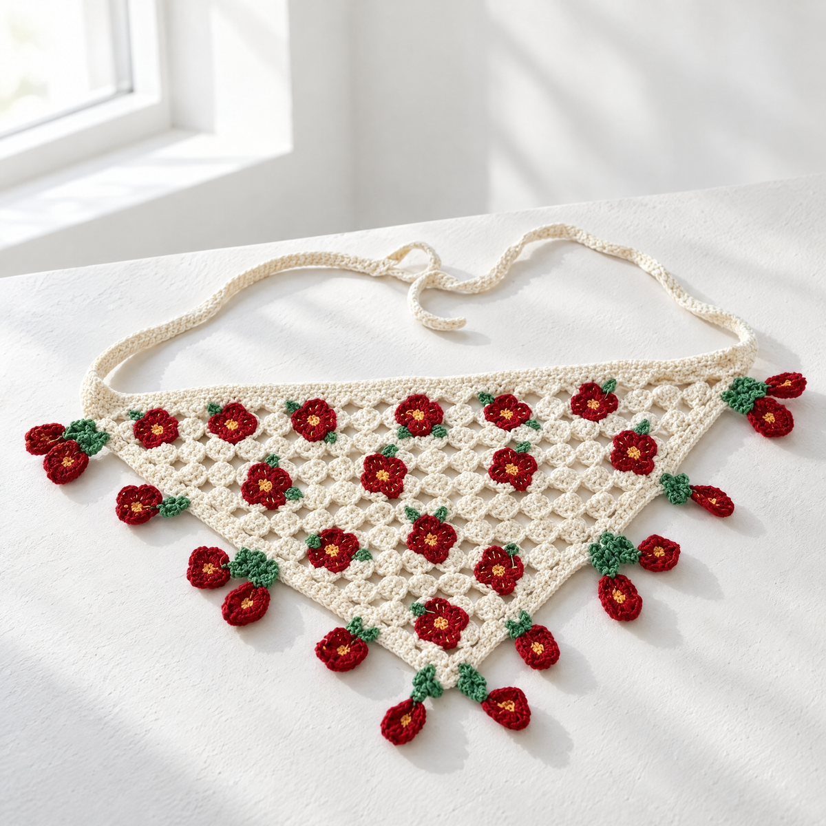 Romantic Knitted 3D Flower Kerchief in Cream and Red | Handmade Knit Headscarf with Ties-Paper & Quartz-The Bullish Store