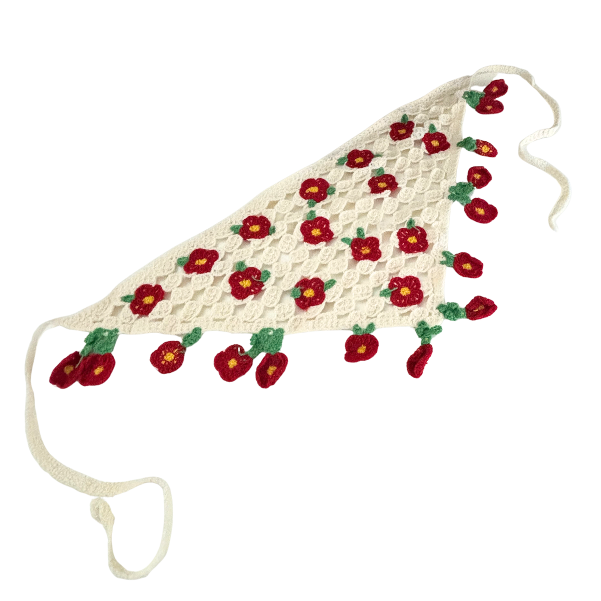 Romantic Knitted 3D Flower Kerchief in Cream and Red | Handmade Knit Headscarf with Ties-Paper & Quartz-The Bullish Store