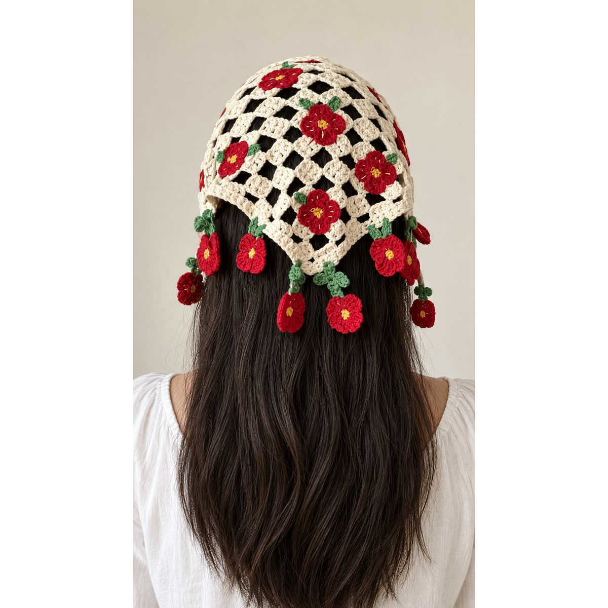 Romantic Knitted 3D Flower Kerchief in Cream and Red | Handmade Knit Headscarf with Ties-Paper & Quartz-The Bullish Store