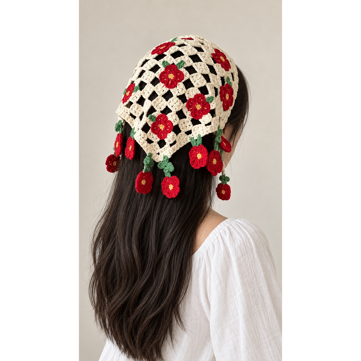 Romantic Knitted 3D Flower Kerchief in Cream and Red | Handmade Knit Headscarf with Ties-Paper & Quartz-The Bullish Store