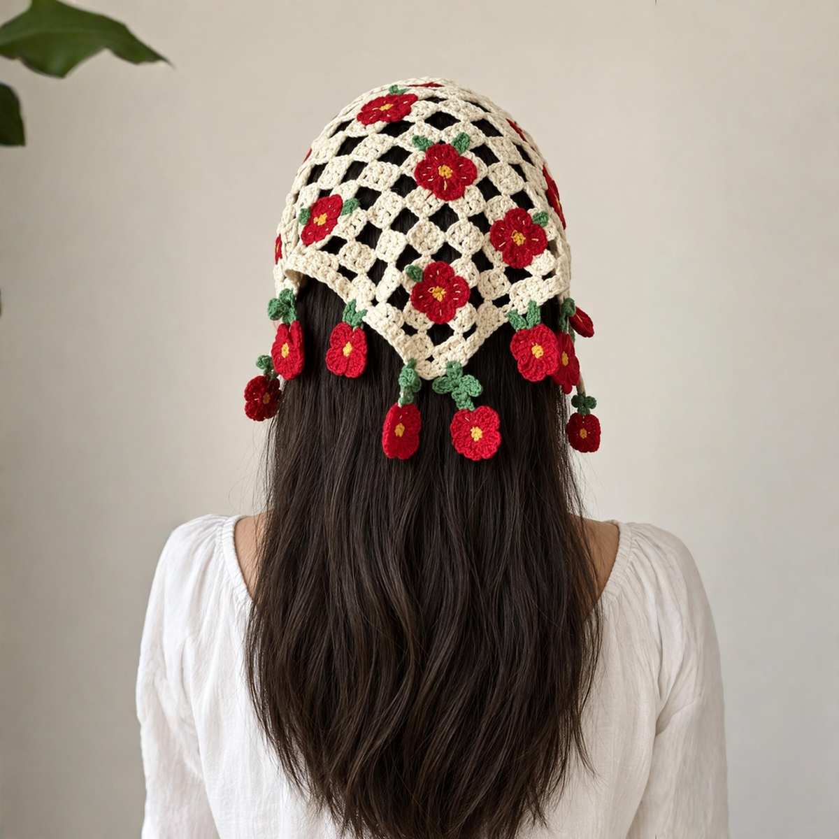Romantic Knitted 3D Flower Kerchief in Cream and Red | Handmade Knit Headscarf with Ties-Paper & Quartz-The Bullish Store