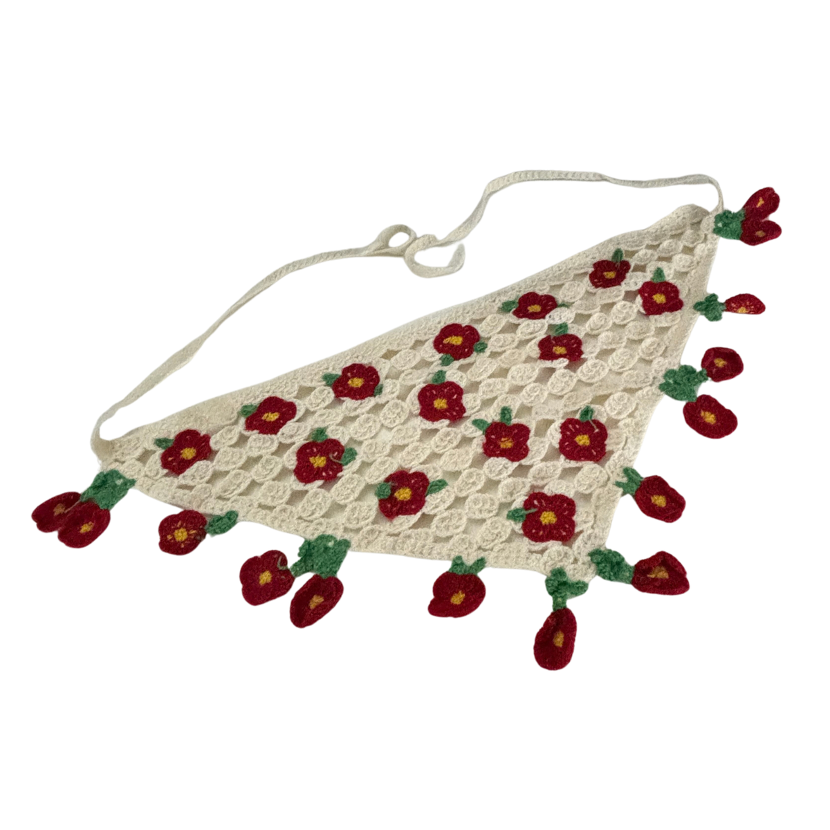 Romantic Knitted 3D Flower Kerchief in Cream and Red | Handmade Knit Headscarf with Ties-Paper & Quartz-The Bullish Store