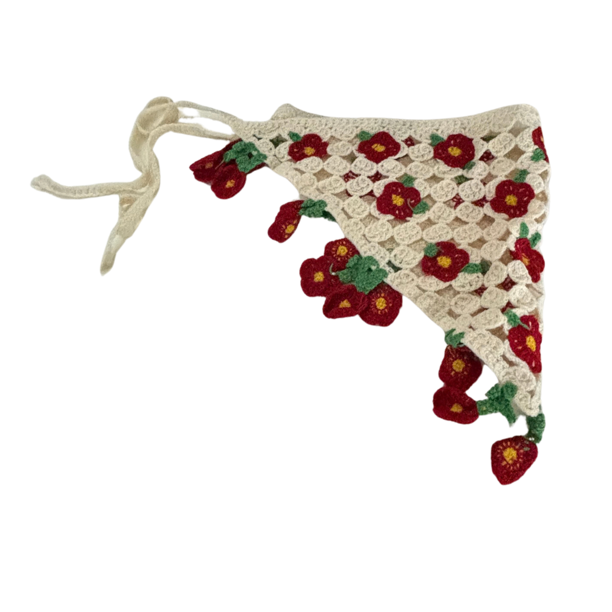 Romantic Knitted 3D Flower Kerchief in Cream and Red | Handmade Knit Headscarf with Ties-Paper & Quartz-The Bullish Store