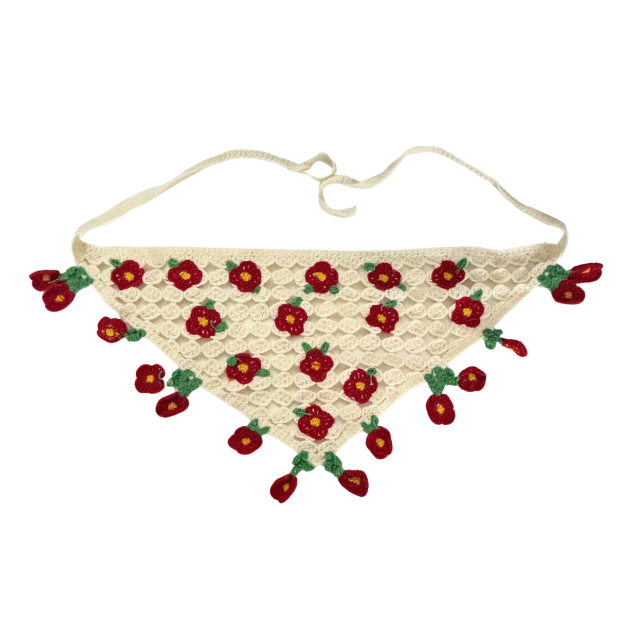 Romantic Knitted 3D Flower Kerchief in Cream and Red | Handmade Knit Headscarf with Ties-Paper & Quartz-The Bullish Store