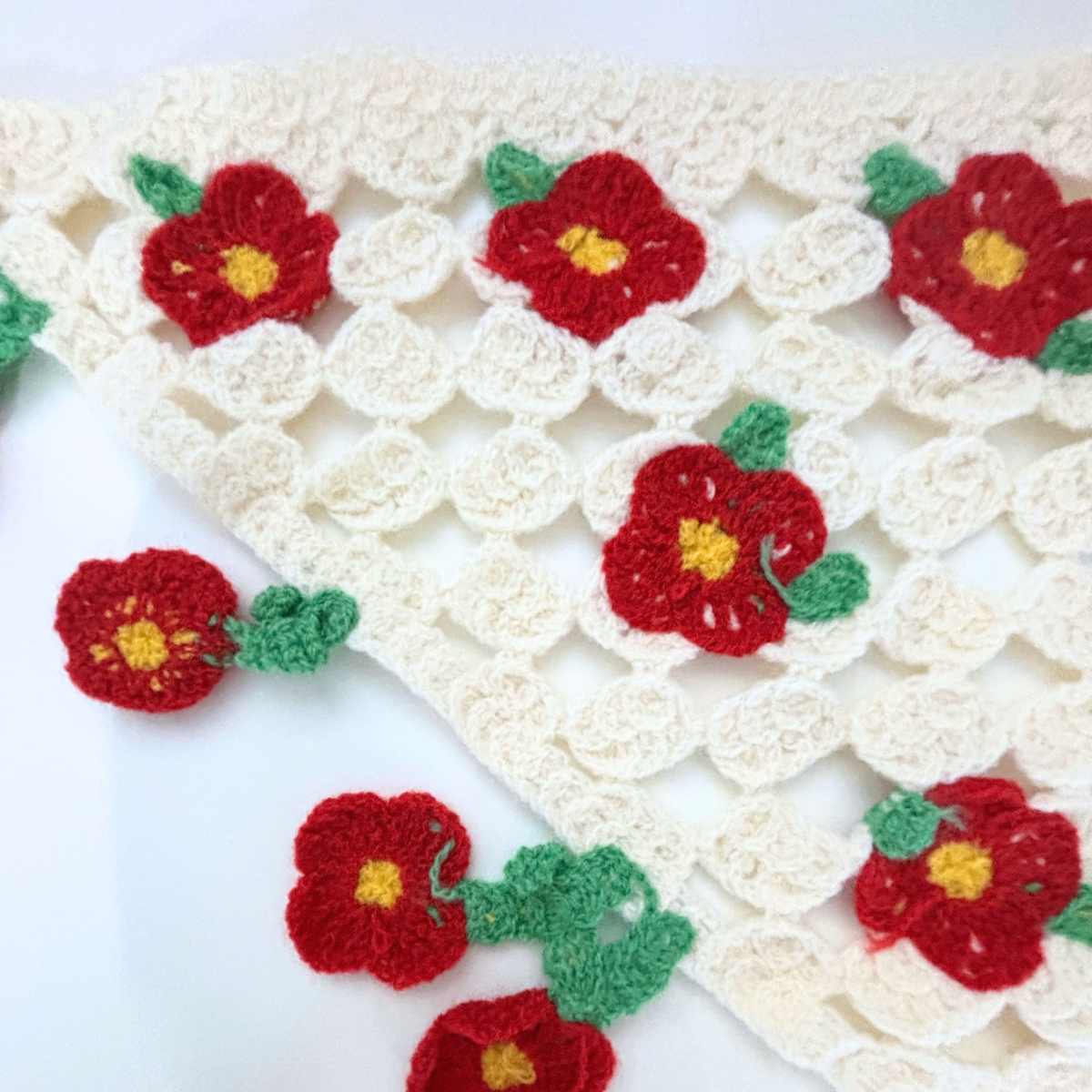 Romantic Knitted 3D Flower Kerchief in Cream and Red | Handmade Knit Headscarf with Ties-Paper & Quartz-The Bullish Store