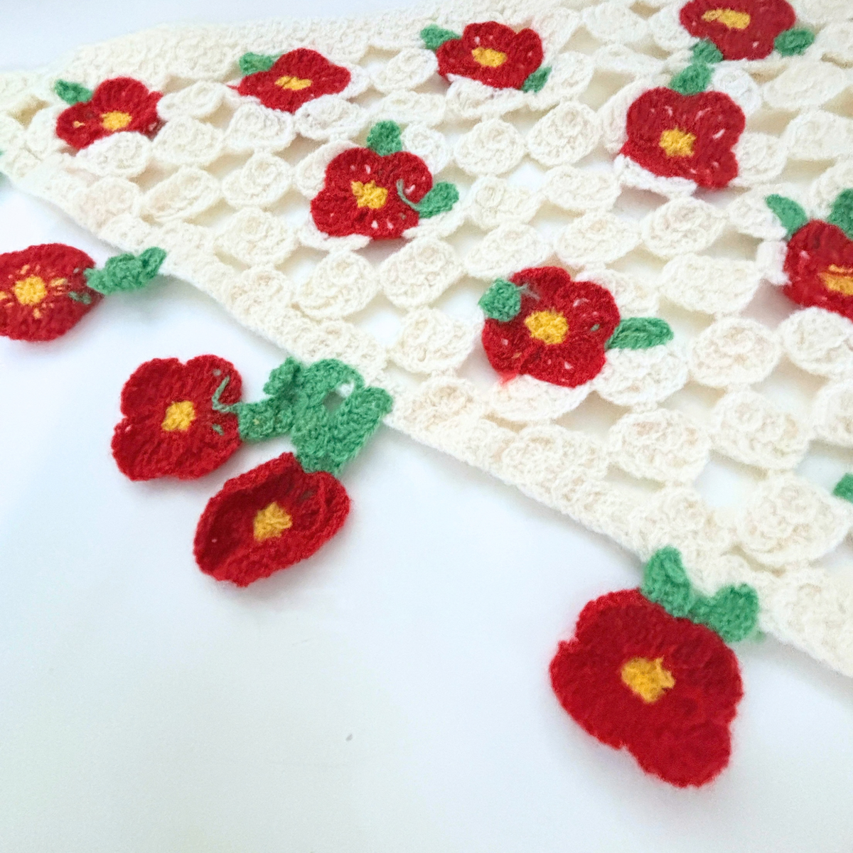 Romantic Knitted 3D Flower Kerchief in Cream and Red | Handmade Knit Headscarf with Ties-Paper & Quartz-The Bullish Store