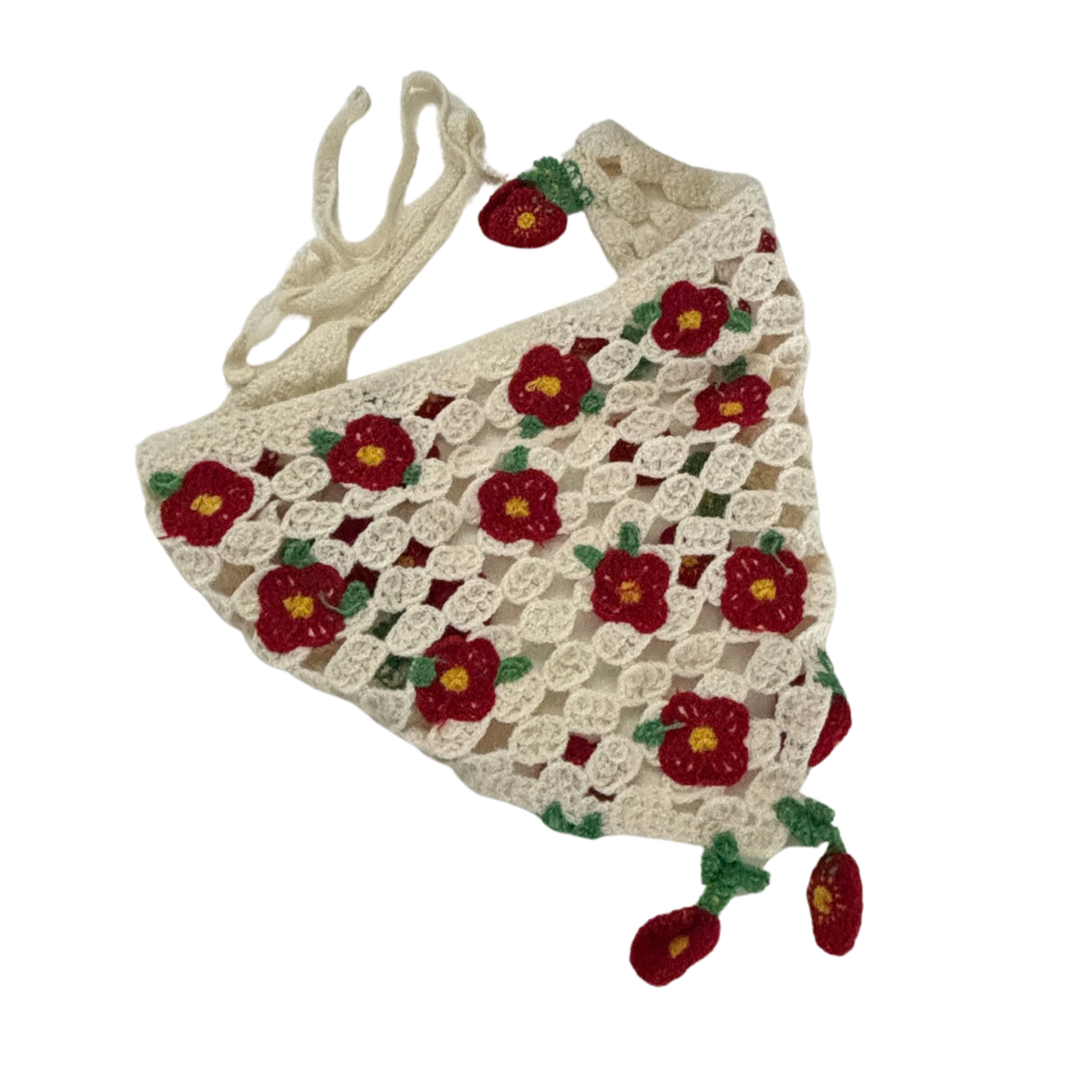Romantic Knitted 3D Flower Kerchief in Cream and Red | Handmade Knit Headscarf with Ties-Paper & Quartz-The Bullish Store