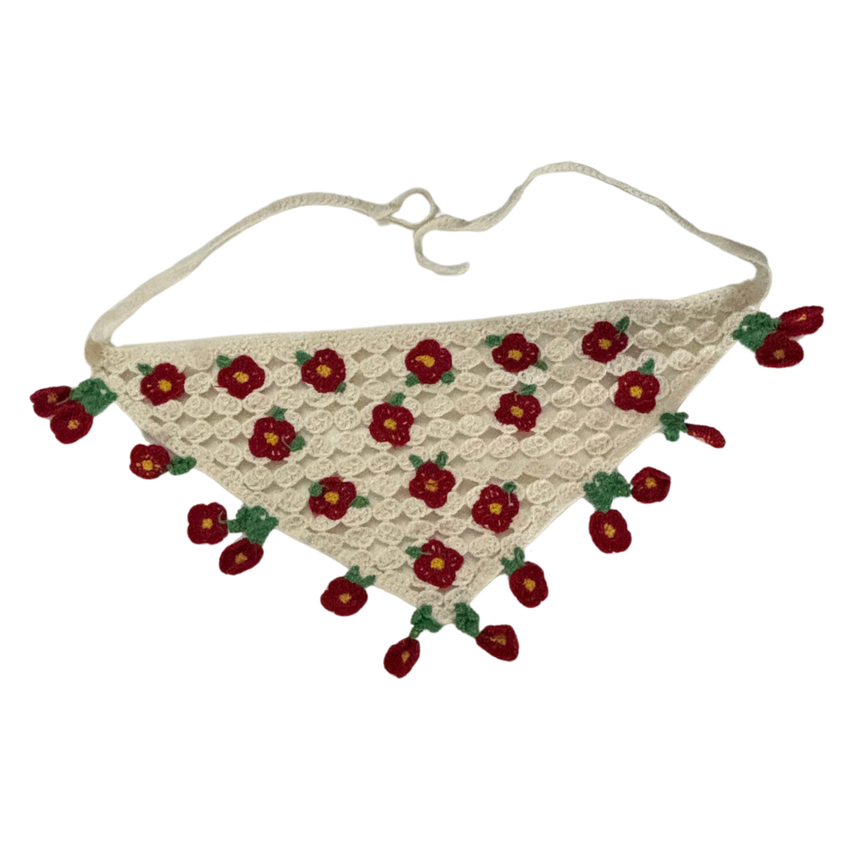 Romantic Knitted 3D Flower Kerchief in Cream and Red | Handmade Knit Headscarf with Ties-Paper & Quartz-The Bullish Store