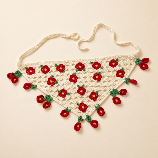Romantic Knitted 3D Flower Kerchief in Cream and Red | Handmade Knit Headscarf with Ties-Paper & Quartz-The Bullish Store