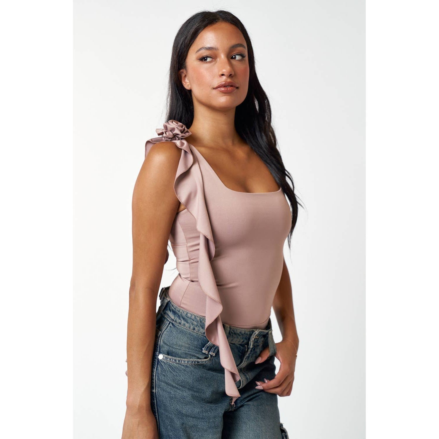 Rose Frilled Sleeveless Square Neck Bodysuit in Nutmeg [Size SM-M]