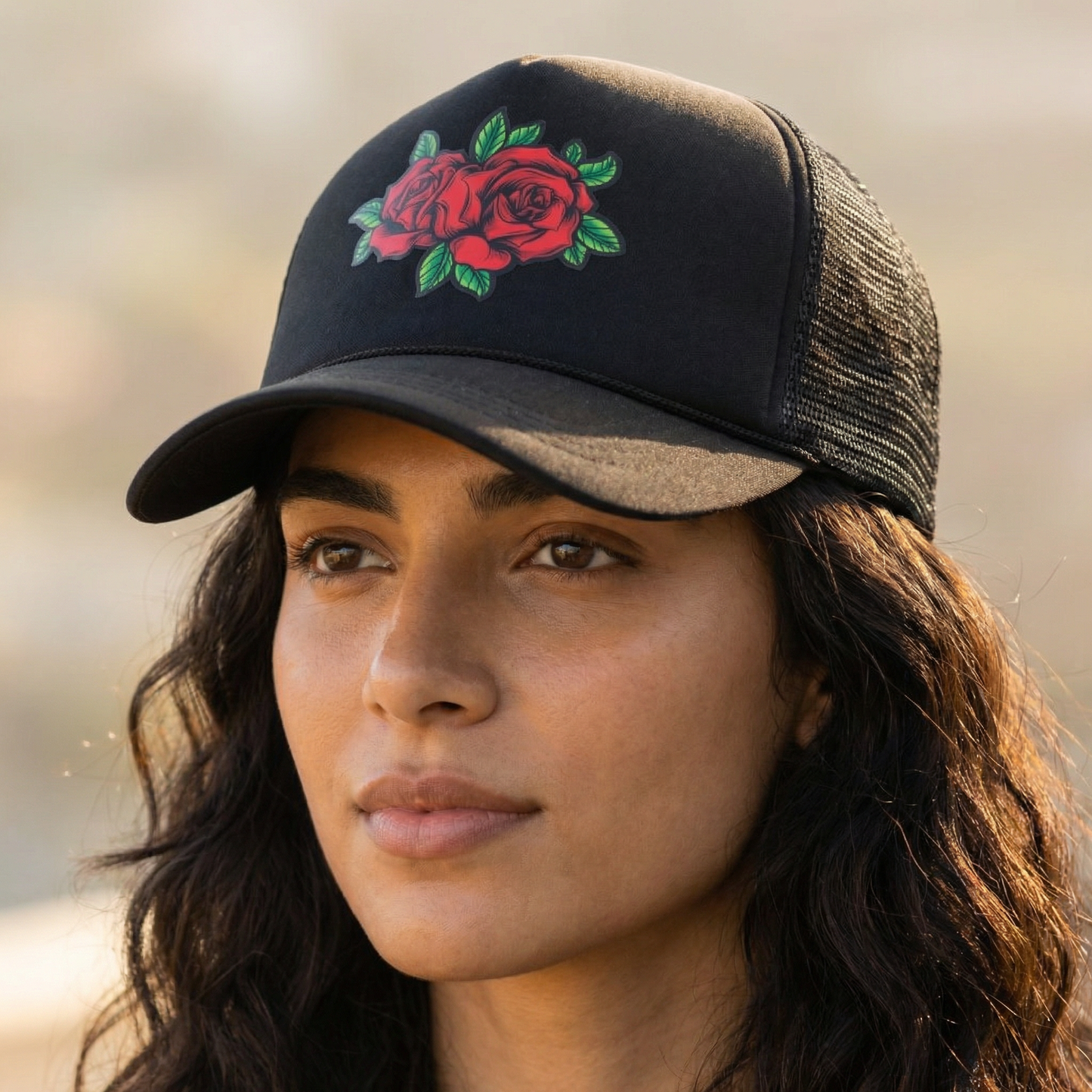 Rose Patch Trucker Hat | Mesh Back Snapback Cap with Floral Patch