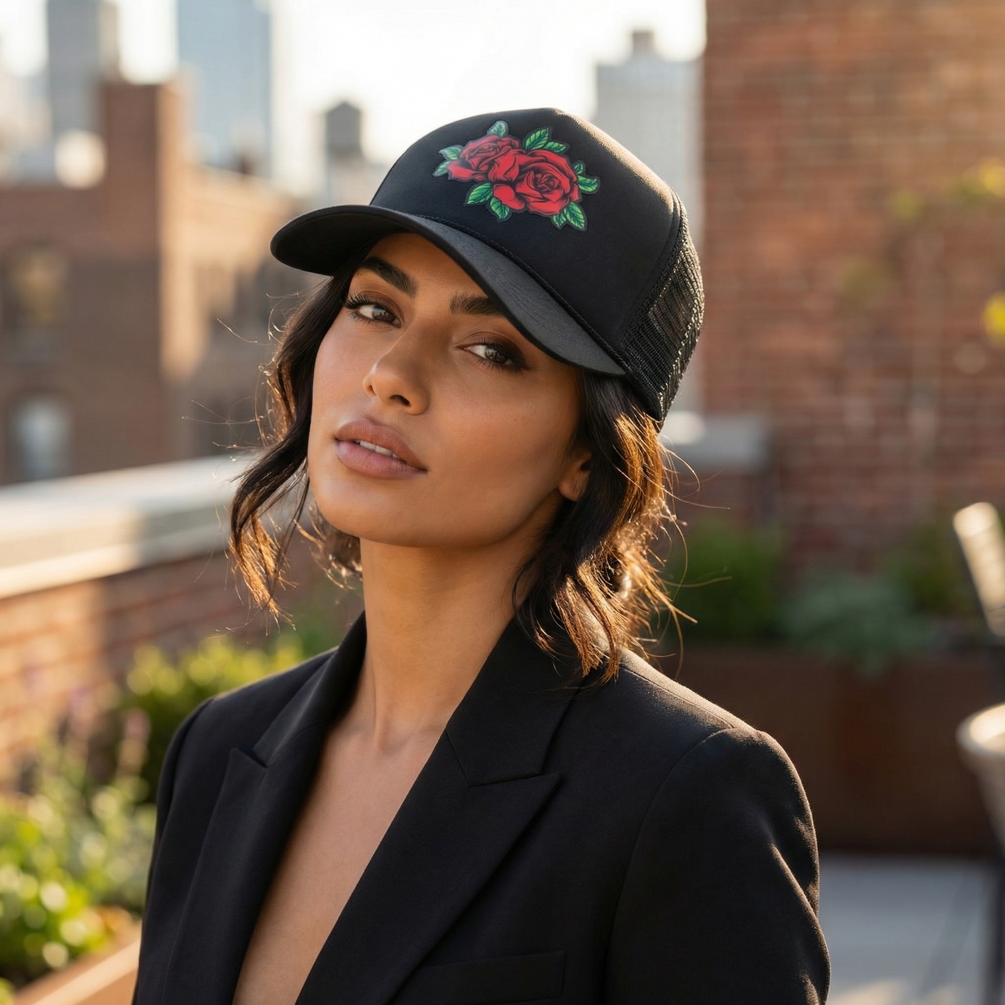 Rose Patch Trucker Hat | Mesh Back Snapback Cap with Floral Patch