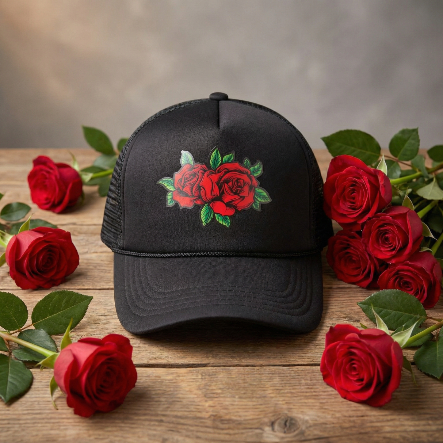 Rose Patch Trucker Hat | Mesh Back Snapback Cap with Floral Patch