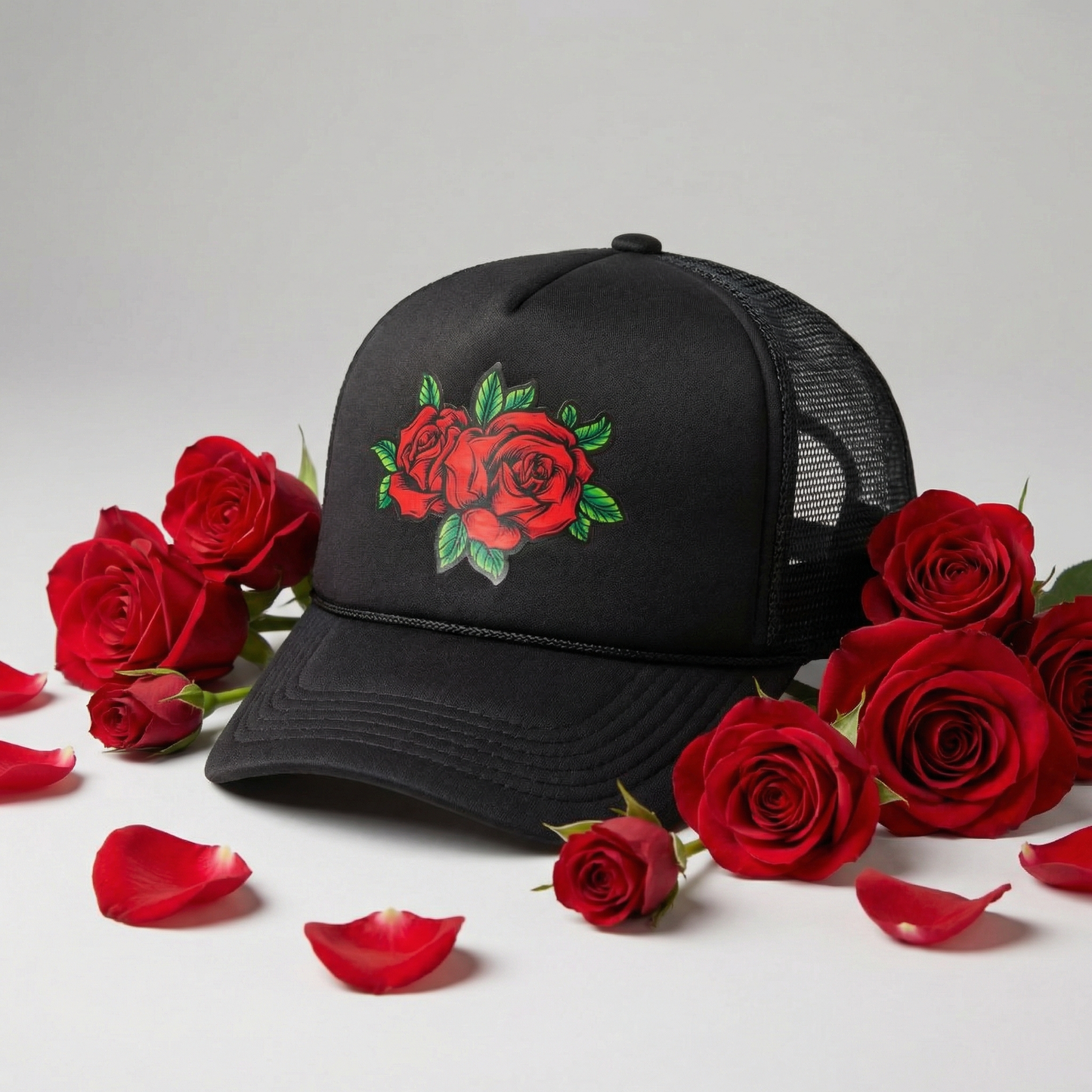 Rose Patch Trucker Hat | Mesh Back Snapback Cap with Floral Patch