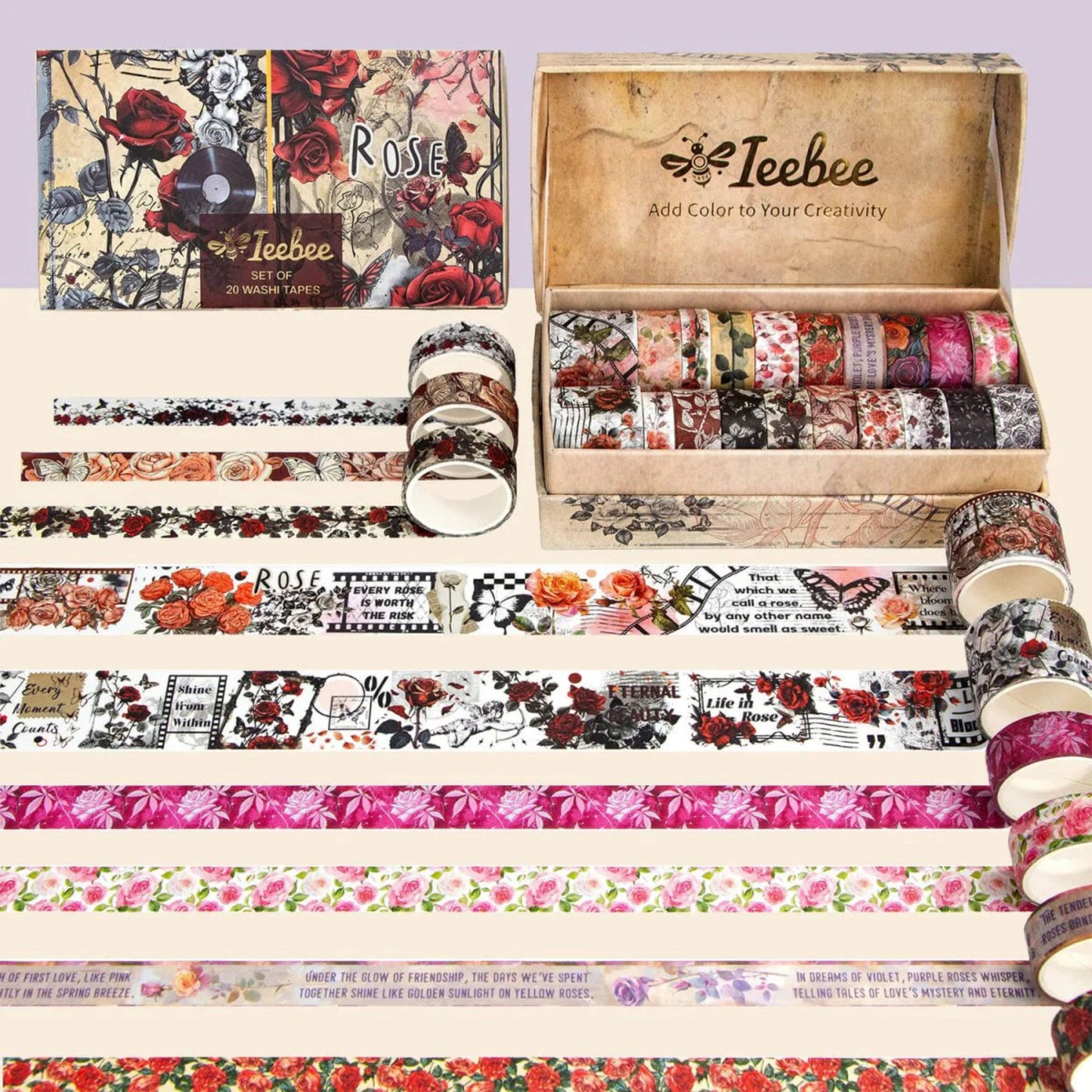Rose Reverie Washi Tape Set | 20 Rolls Floral Tapes for Journals, Planners & Scrapbooking