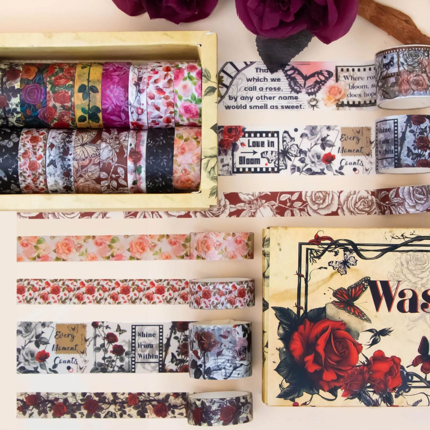 Rose Reverie Washi Tape Set | 20 Rolls Floral Tapes for Journals, Planners & Scrapbooking