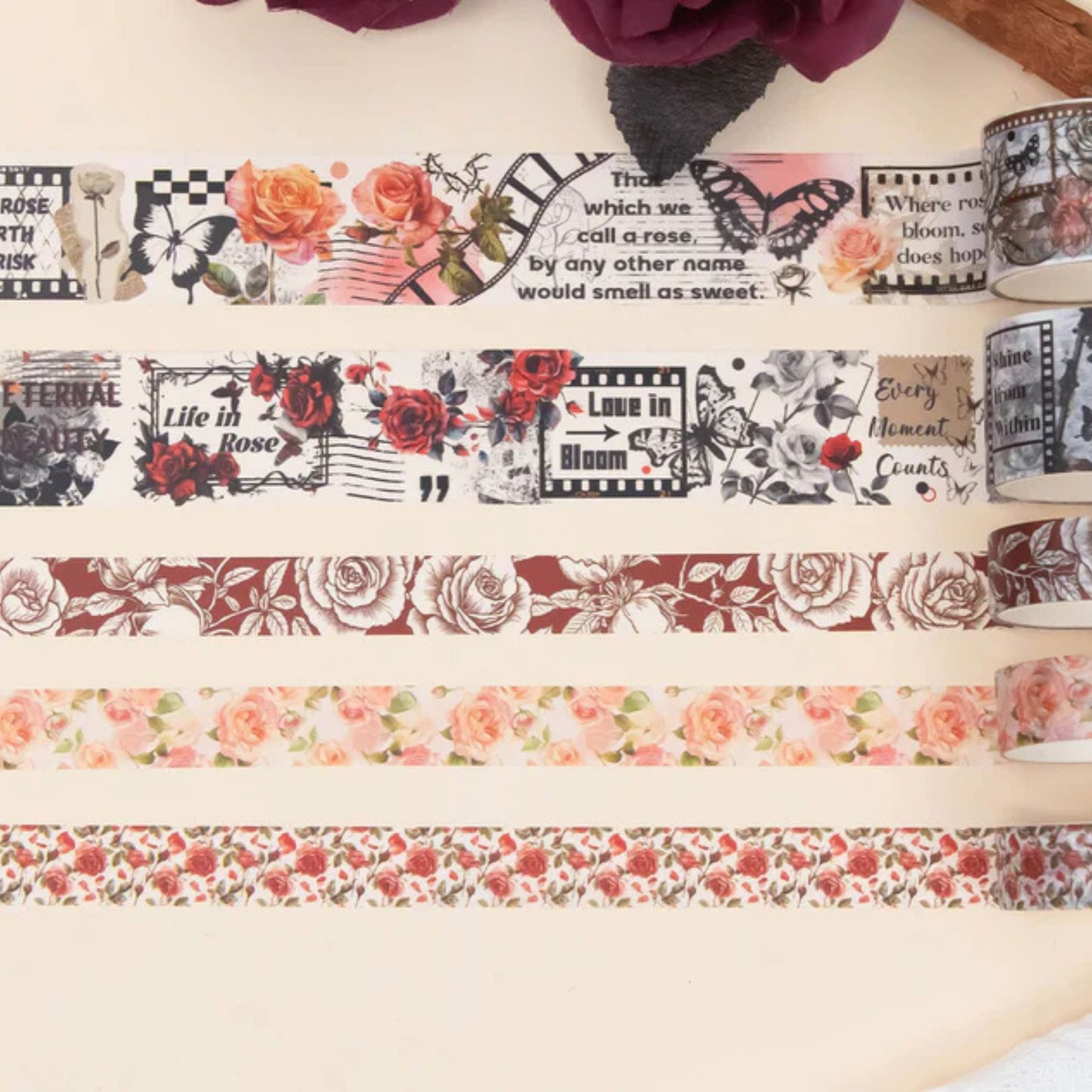 Rose Reverie Washi Tape Set | 20 Rolls Floral Tapes for Journals, Planners & Scrapbooking