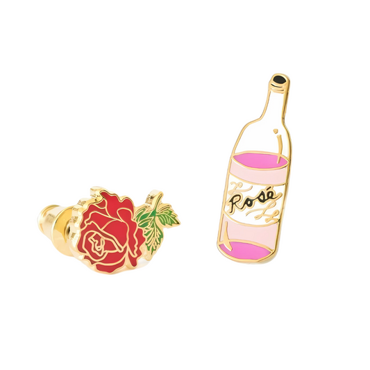 Rose and Rosé Mismatched Stud Earrings | Cloisonné with 22 Karat Gold | In a Glass Gift Vial