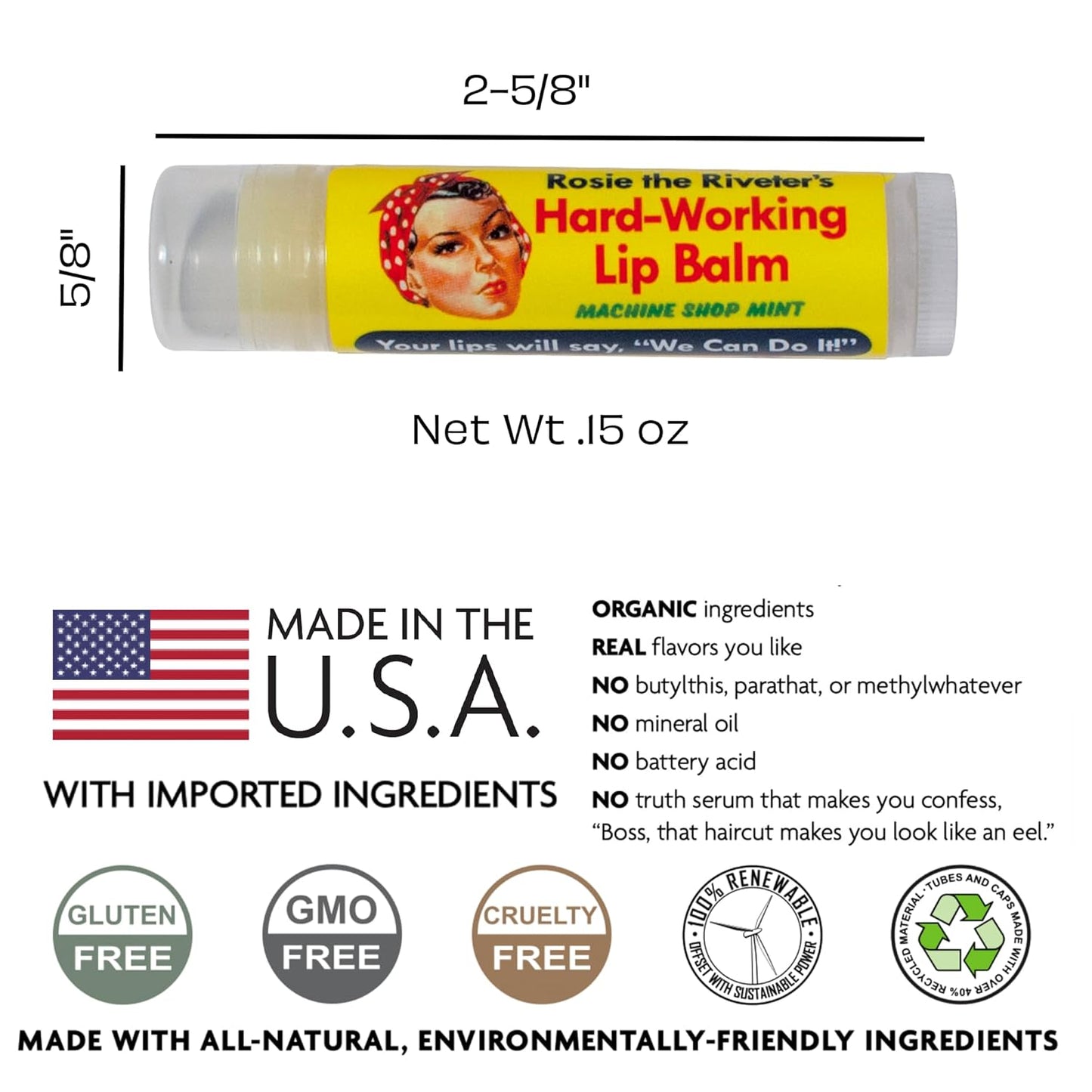 Rosie The Riveter's Hard Working Lip Balm in Peppermint Flavor | Lip Gloss Moisturizer | 15oz