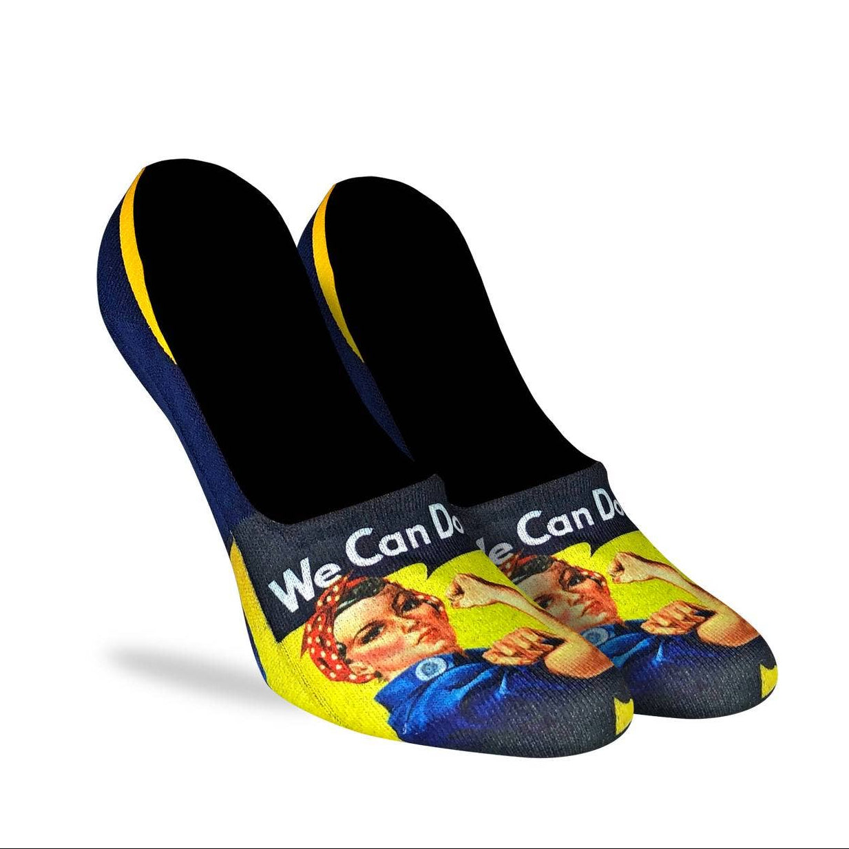 Pair of socks with a design featuring a well-known icon and text on a white background