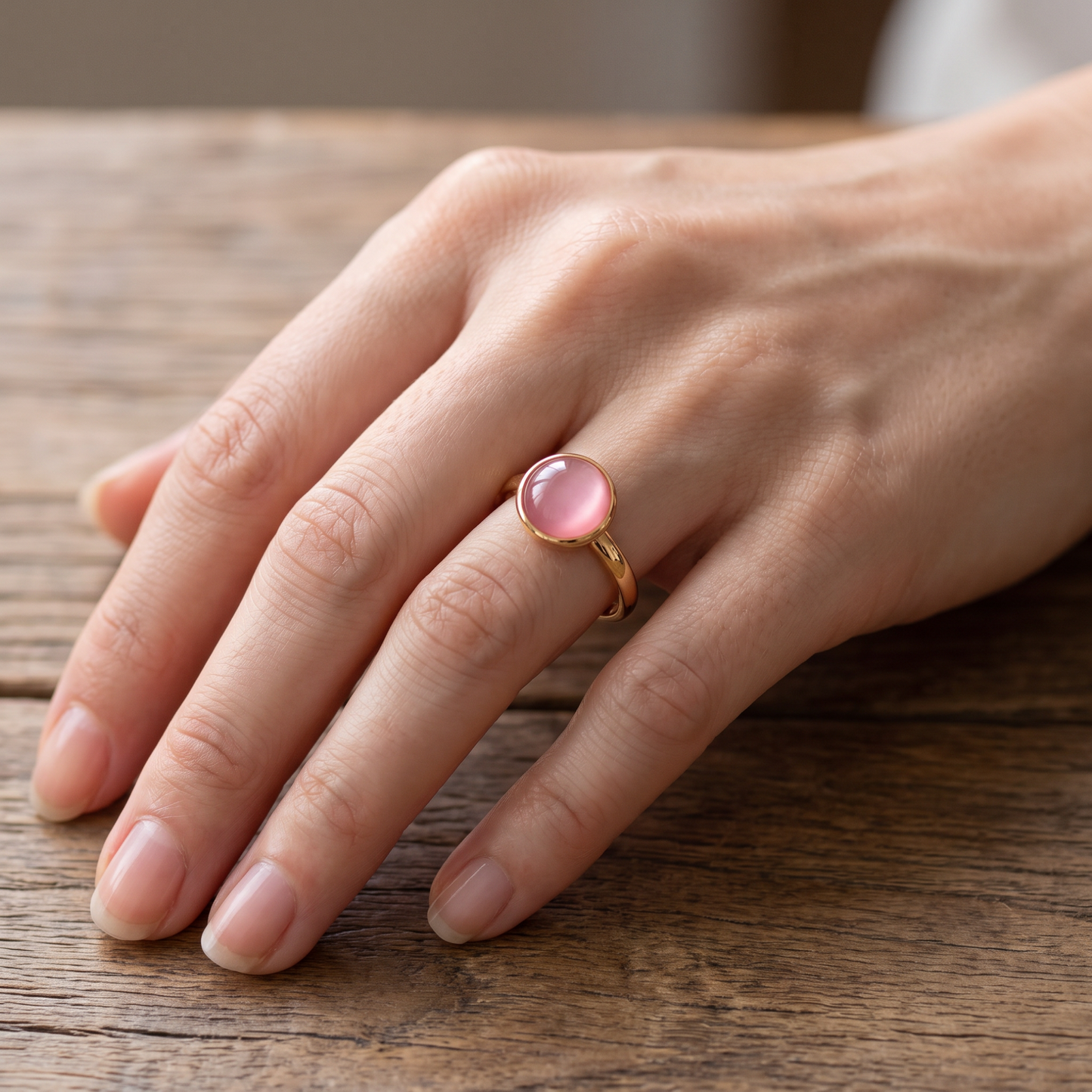 Rosy Dome Minimalist Ring | Round Pink Gem on Gold Band | Sizes 5.5–9