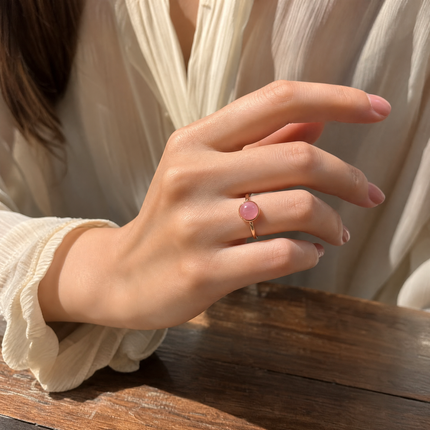 Rosy Dome Minimalist Ring | Round Pink Gem on Gold Band | Sizes 5.5–9