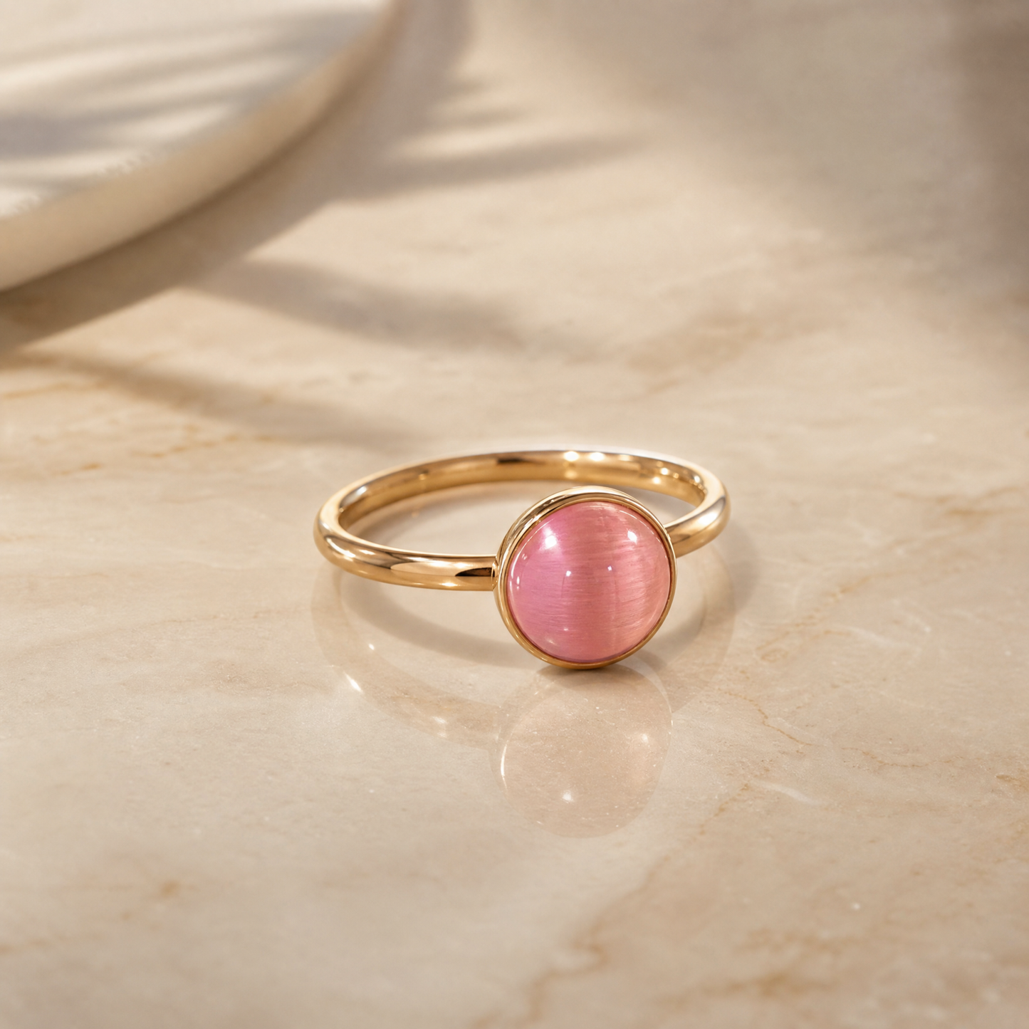 Rosy Dome Minimalist Ring | Round Pink Gem on Gold Band | Sizes 5.5–9