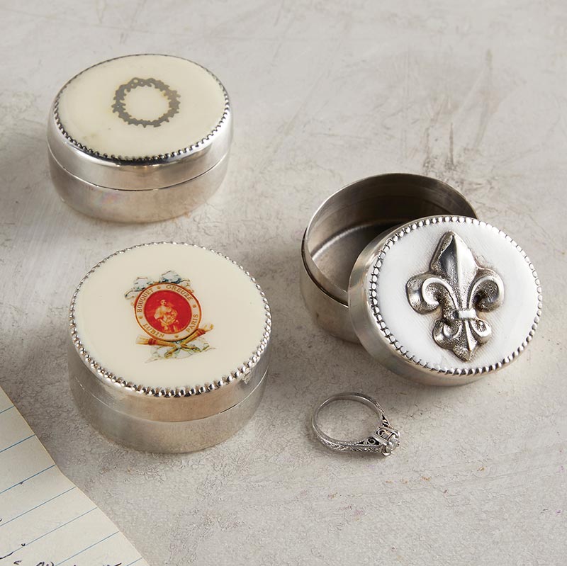 Round Enamel Ring Box with Lid | Antique Silver Trinket Storage