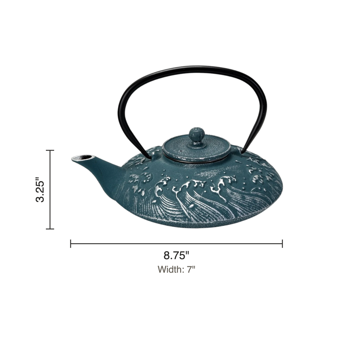 Size chart: teapot 3.25 inches tall, 8.75 inches long, 7 inches wide