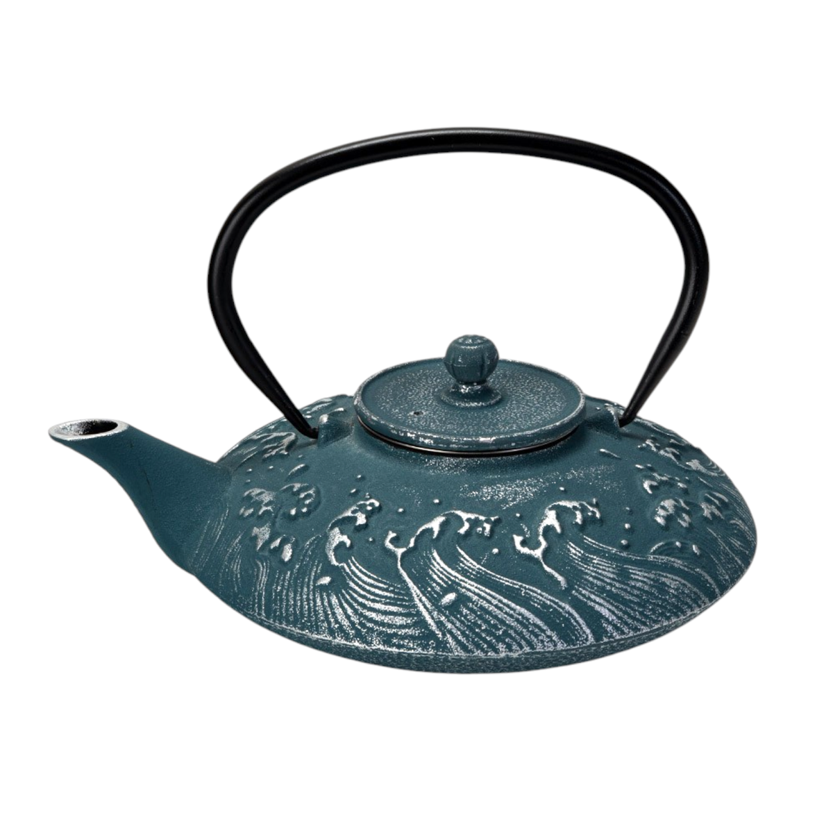 Teal cast iron teapot with wave design 