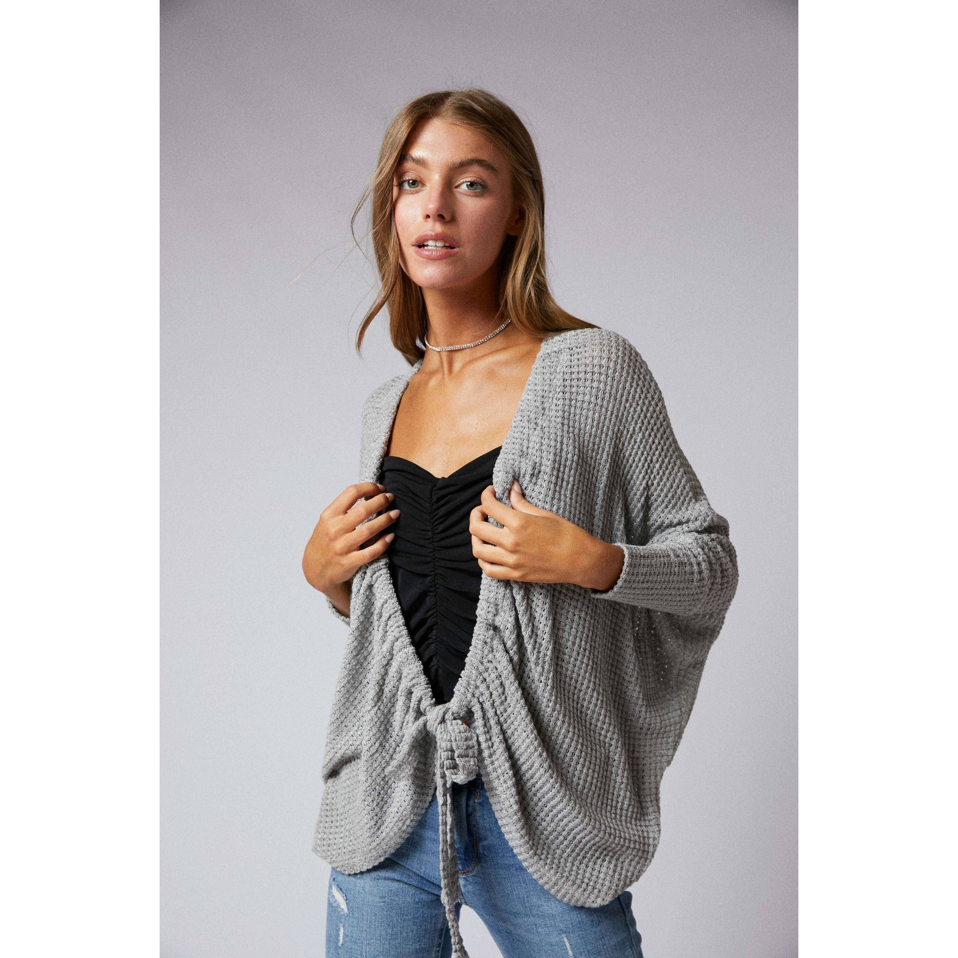 Ruched Front Cocoon Cardigan in Grey | Knit Sweater [Sizes SM-XL]