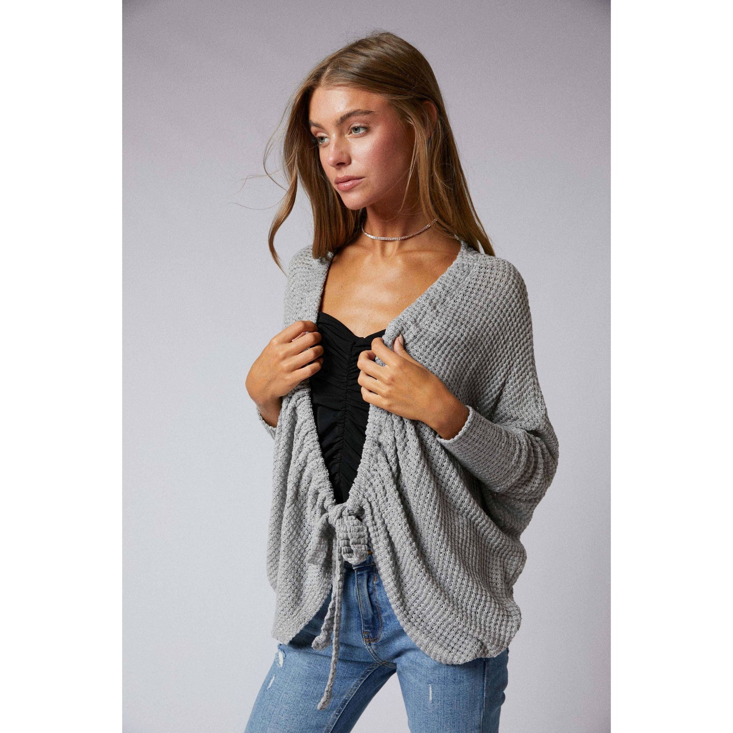 Ruched Front Cocoon Cardigan in Grey | Knit Sweater [Sizes SM-XL]