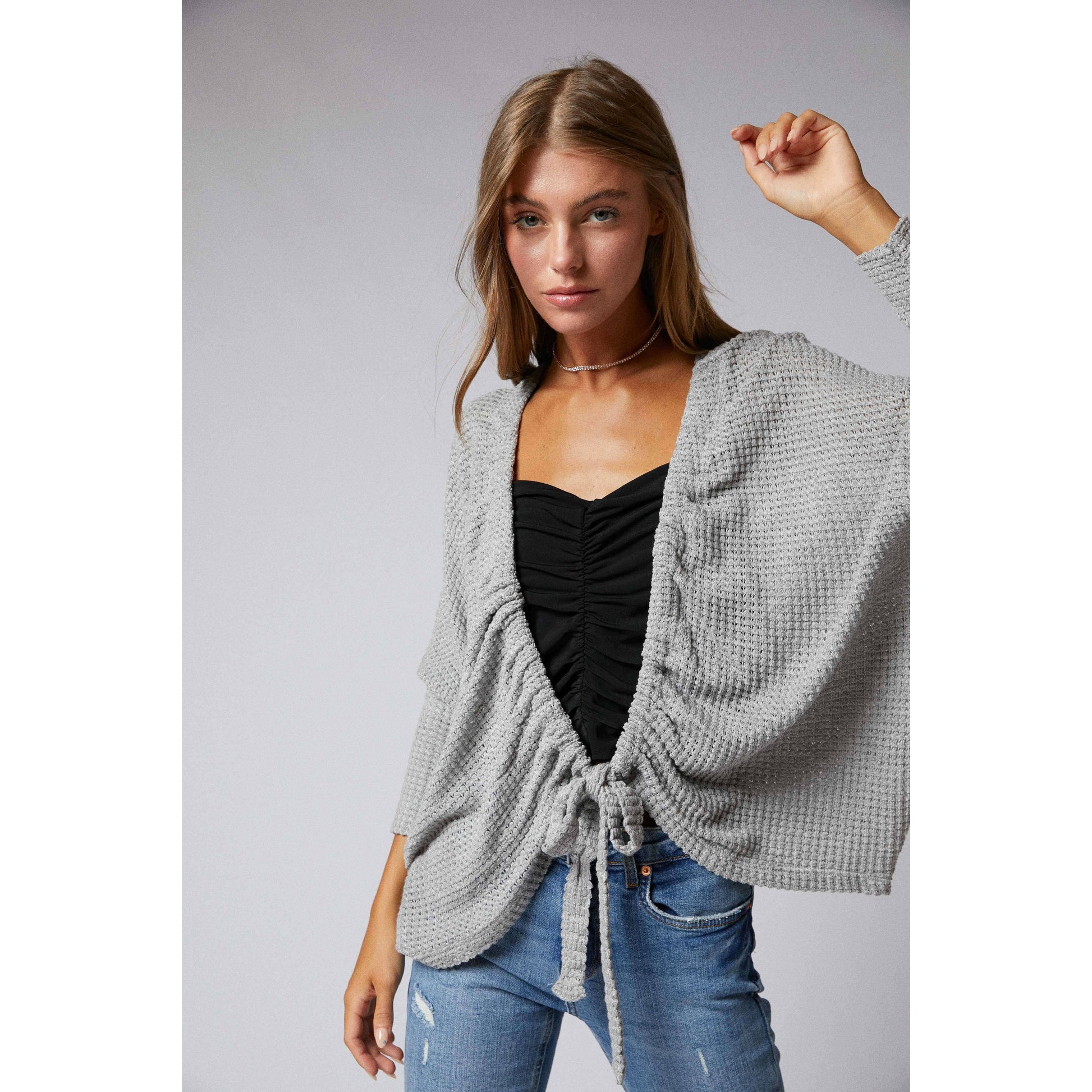 Ruched Front Cocoon Cardigan in Grey | Knit Sweater [Sizes SM-XL]